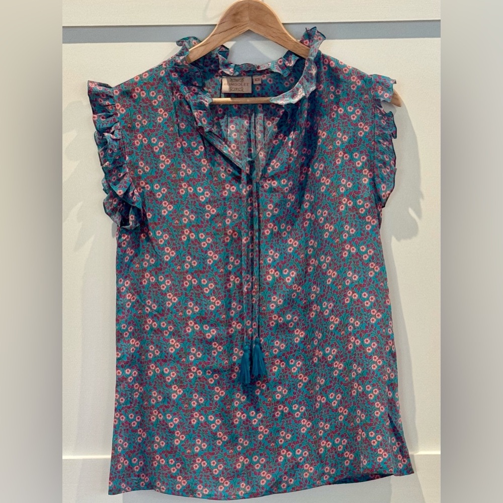 Rungolee Women's Silk Ruffle V-Neck Floral Blouse XS Pink Turquoise